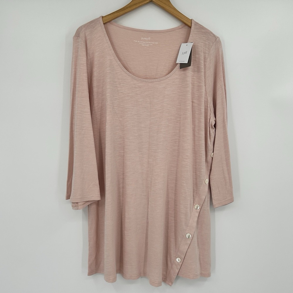 Pure Jill Lagenlook Pink Button Tunic Top Womens L Minimalist Coastal 3/4 Sleeve